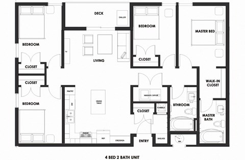 Floor plan for 4 beds, 2 baths, 1300 sqft